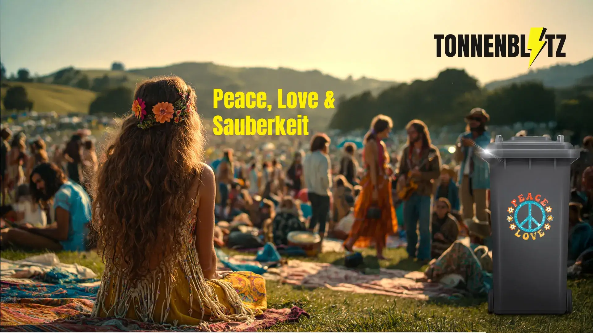 Festival-Szene im Hippie-Stil mit einer sitzenden Frau in Blumenkranz und einer Tonnenblitz-Mülltonne mit Peace- und Love-Motiv im Vordergrund.