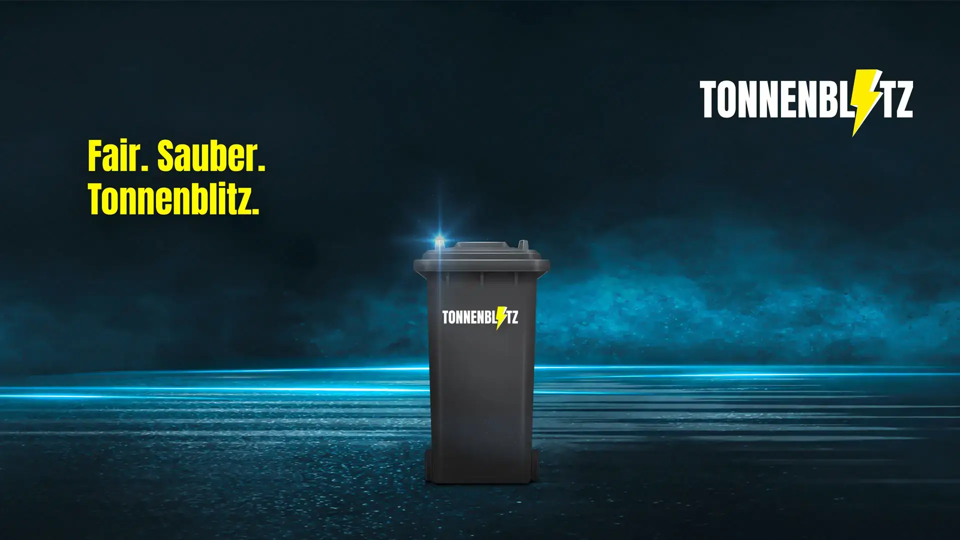 Kampagnenmotiv für Tonnenblitz: schwarze Mülltonne mit gelbem Blitz auf blauem Hintergrund – Mailing zur transparenten Preisanpassung, entwickelt von INVESTION.