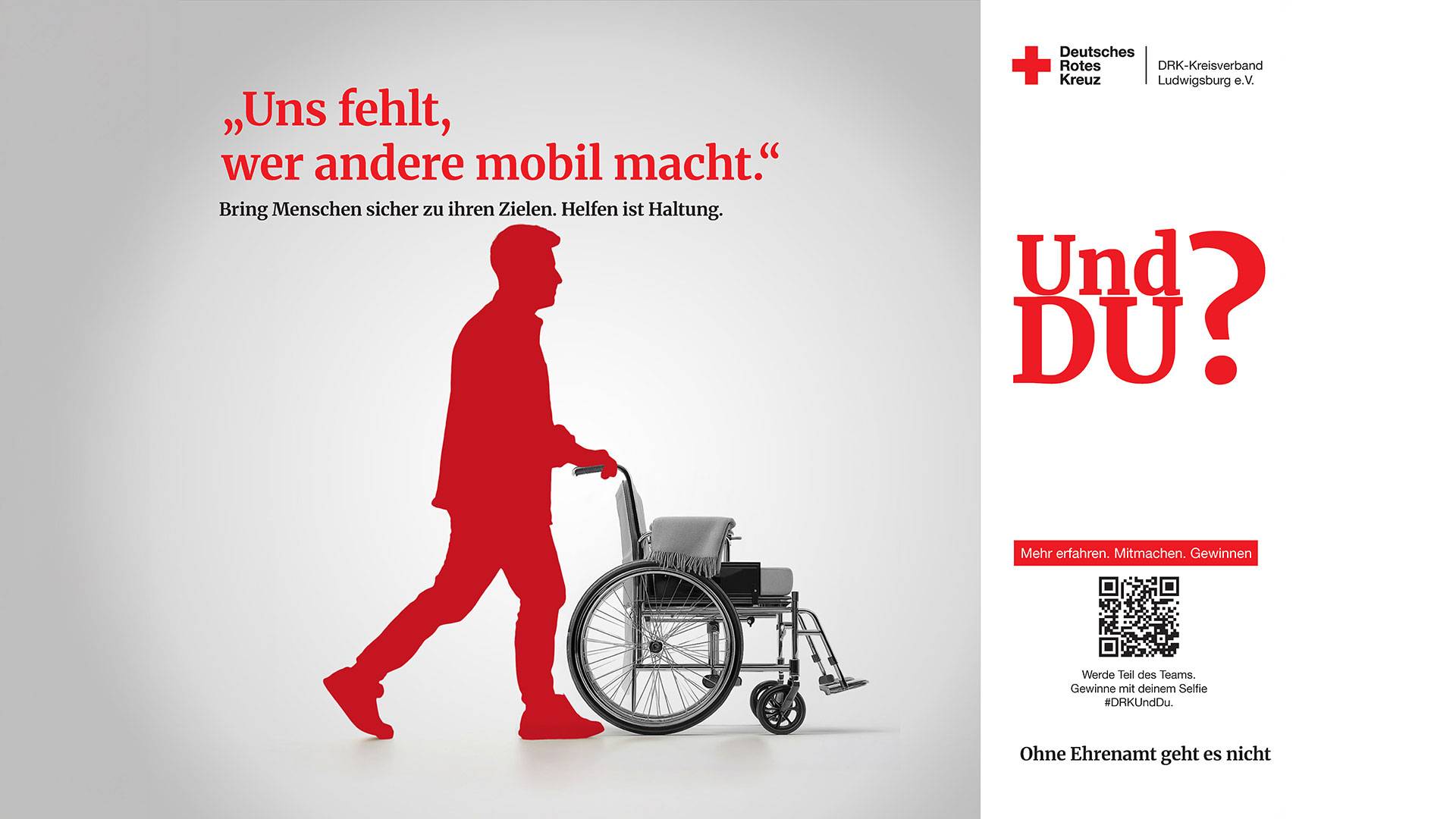 Rote Silhouette einer gehenden Person neben einem leeren Rollstuhl als symbolisches Motiv für Mobilität und Hilfe.