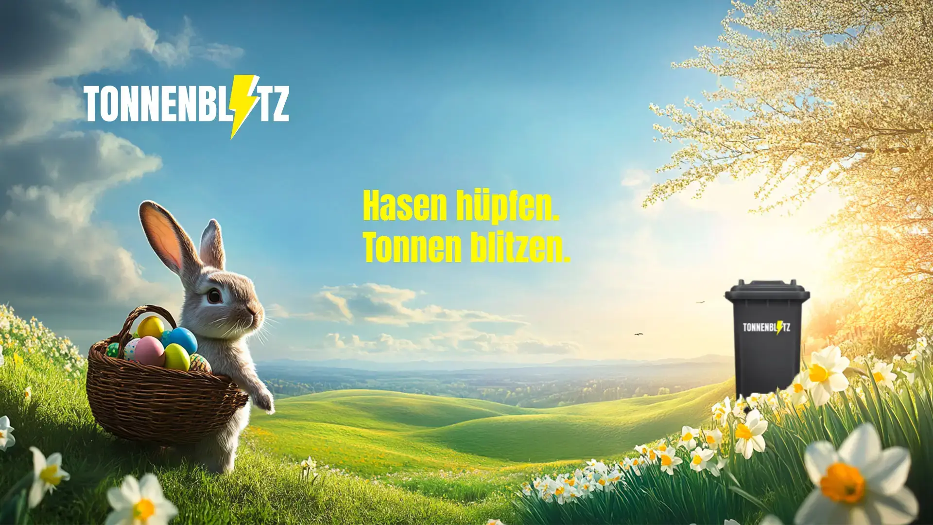 Osterszene mit einem Hasen, der einen Korb voller bunter Eier trägt, in einer blühenden Frühlingslandschaft; rechts eine Tonnenblitz-Mülltonne.