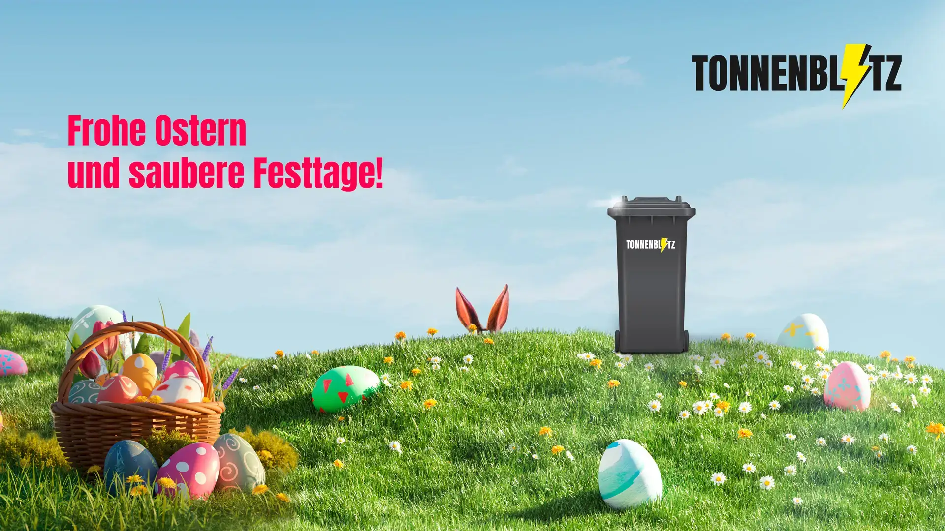 Osterszene mit einem Hasen, der einen Korb voller bunter Eier trägt, in einer blühenden Frühlingslandschaft; rechts eine Tonnenblitz-Mülltonne.