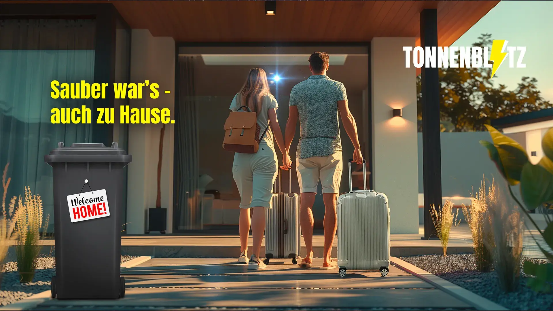 Paar kommt mit Koffern nach Hause, während eine Tonnenblitz-Mülltonne mit Welcome-Home-Schild im Vordergrund steht.