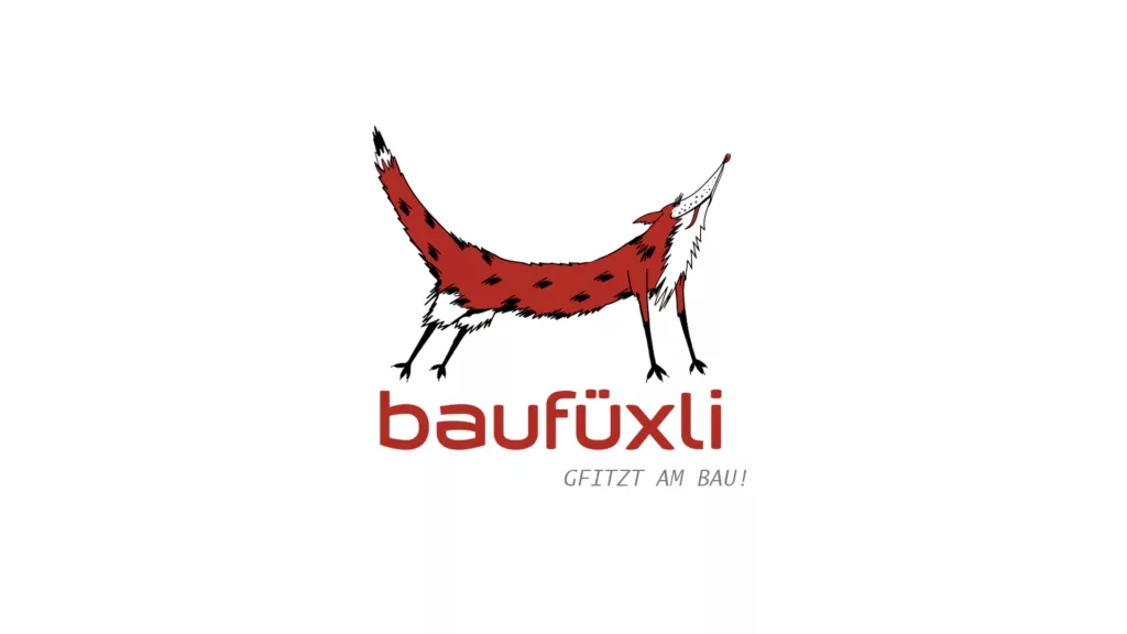 Das Logo von Baufüxli, einer Einkaufsplattform aus der Schweiz zeigt einen von Hand gemalten listigen Fuchs, dem die Zunge seiltich heraushängt