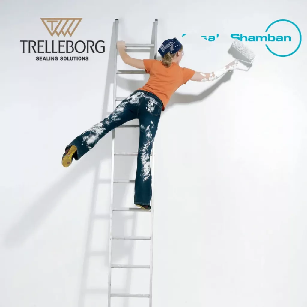 Person auf Leiter übermalt altes Logo als Symbol für den Markenwechsel zu Trelleborg