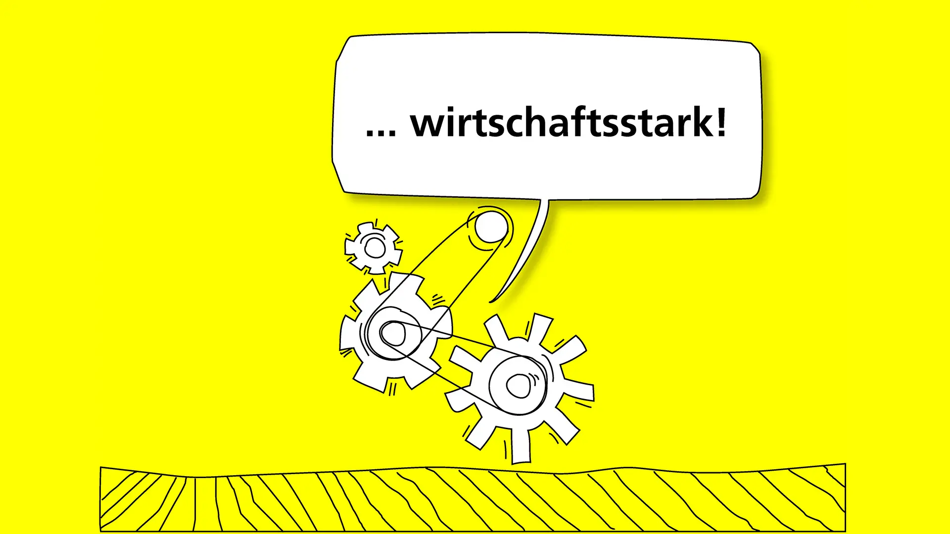 Illustration von Zahnrädern auf einem gelben Hintergrund mit dem Text „... wirtschaftsstark!“, symbolisiert wirtschaftliche Stärke und Dynamik.