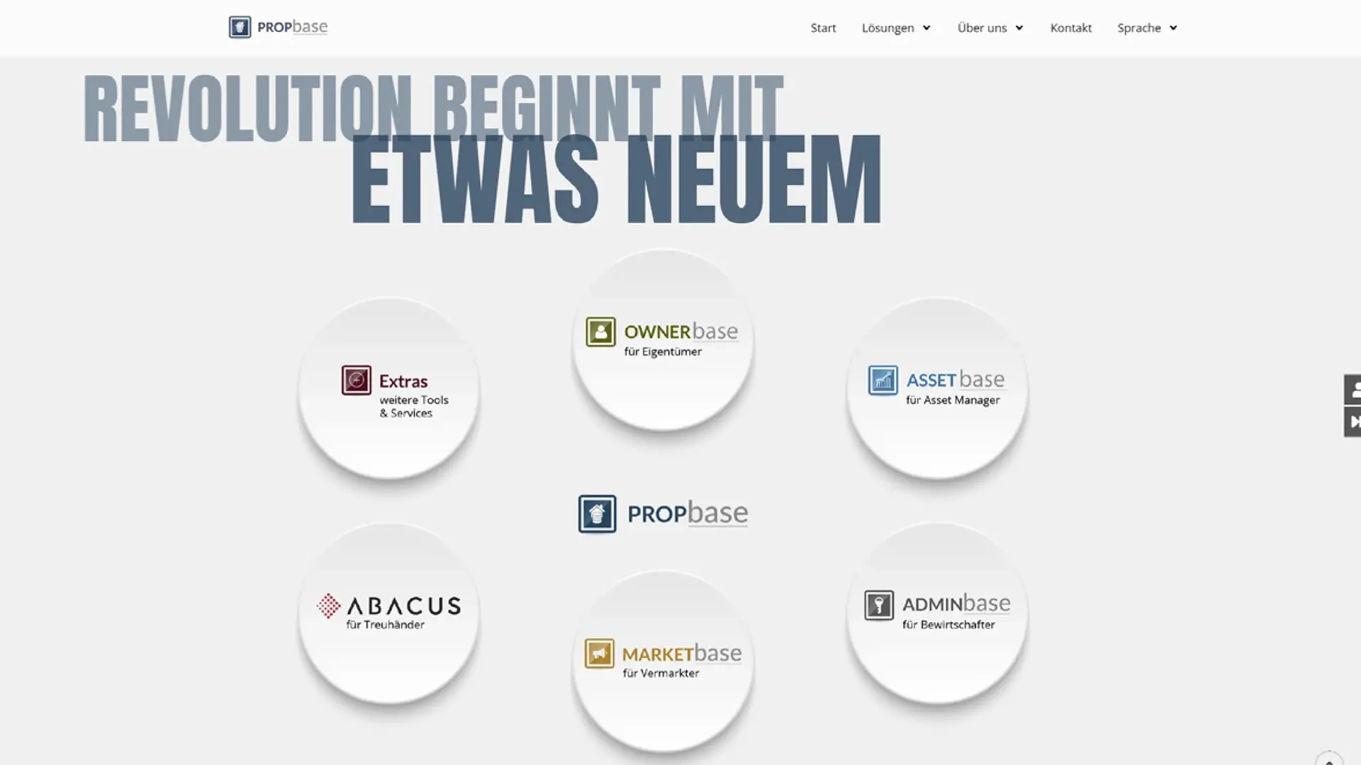 Startseite von PROPbase mit dem Slogan „Revolution beginnt mit etwas Neuem“ und verschiedenen Modulen wie OWNERbase, ASSETbase, MARKETbase, ADMINbase und ABACUS, die unterschiedliche Dienstleistungen und Tools für Eigentümer, Asset-Manager und Vermarkter anbieten.