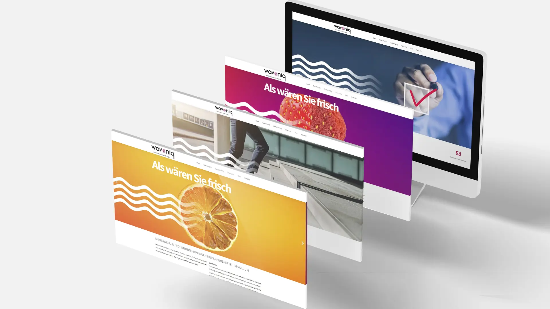 Visualisierung der wavoniq Website mit mehreren Bildschirmebenen als Symbol für Webdesign, Seitenaufbau und digitale Markenpräsenz.