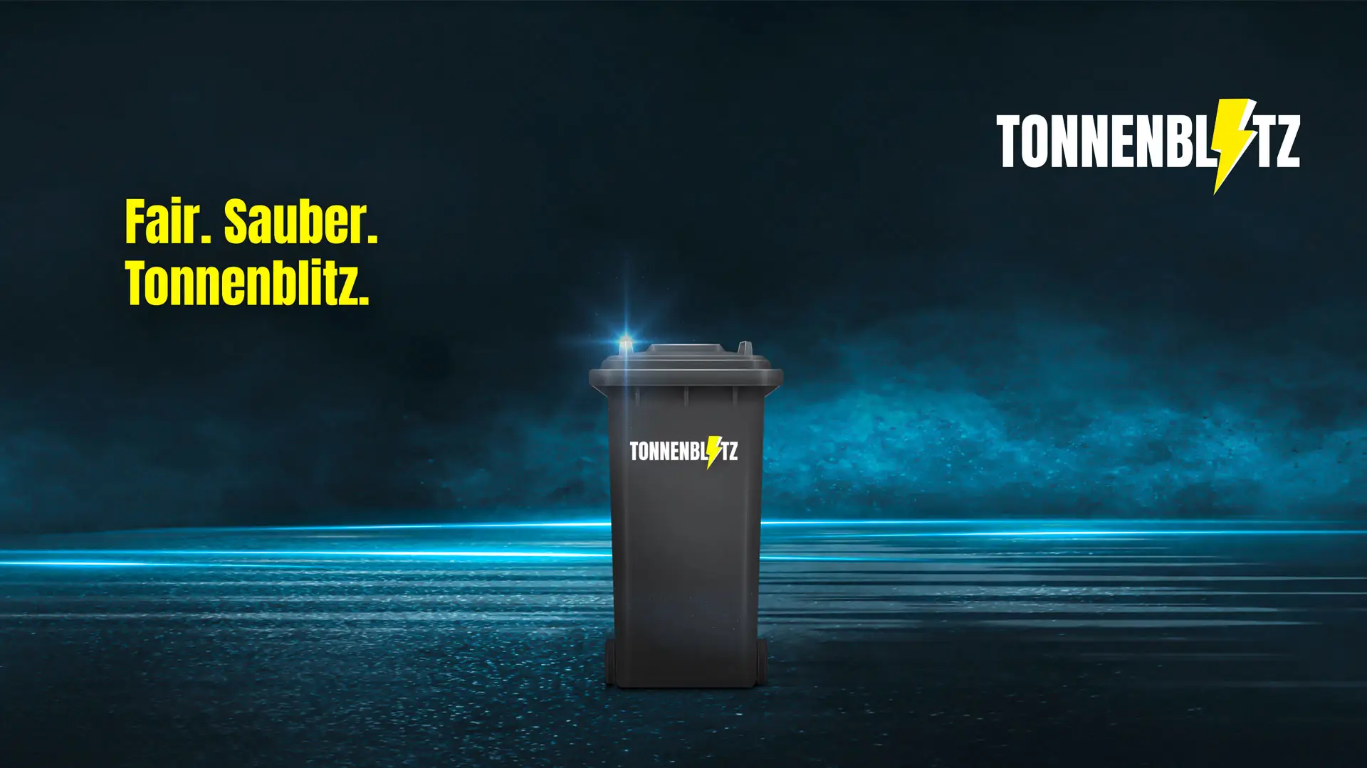 Kampagnenmotiv für Tonnenblitz: schwarze Mülltonne mit gelbem Blitz auf blauem Hintergrund – Mailing zur transparenten Preisanpassung, entwickelt von INVESTION.