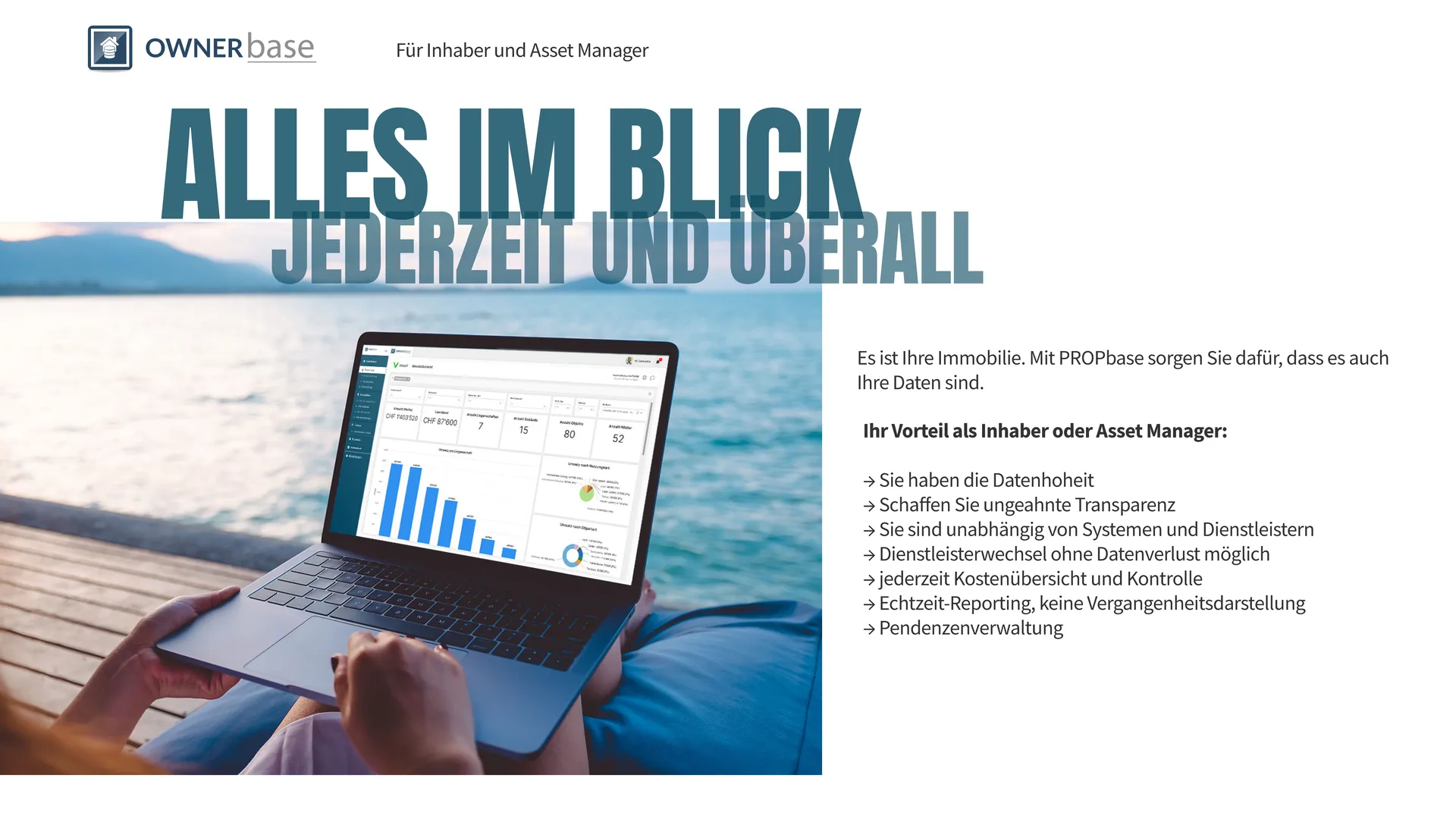 Person arbeitet mit Laptop am See und betrachtet Ownerbase-Dashboard mit Immobilienkennzahlen; PropBase Software für Eigentümer und Asset Manager.
