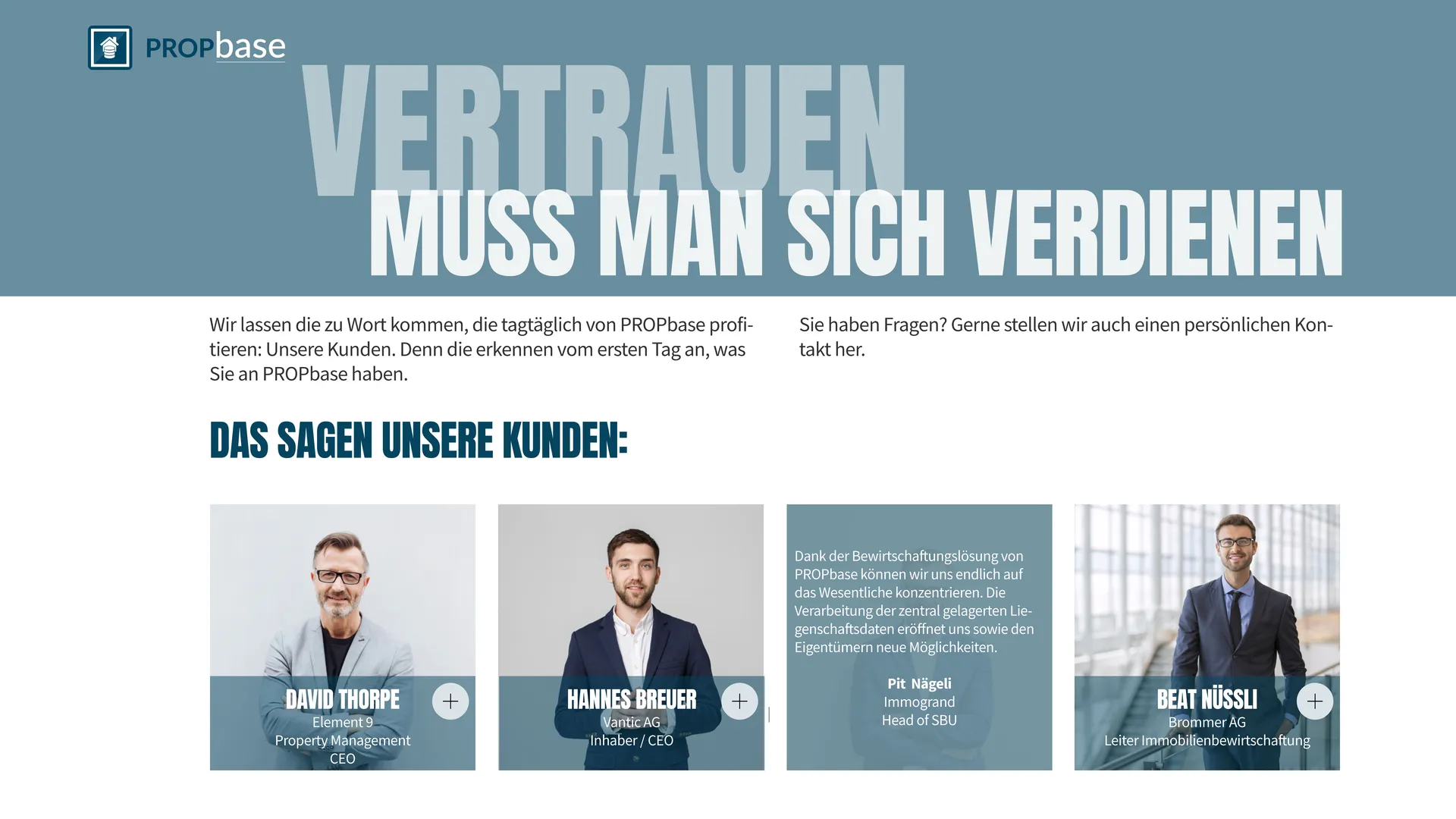 Screenshot der PropBase-Webseite: Kundenstimmen, Testimonials und Fotos von drei Geschäftskunden, die die Softwarelösung von PropBase loben.