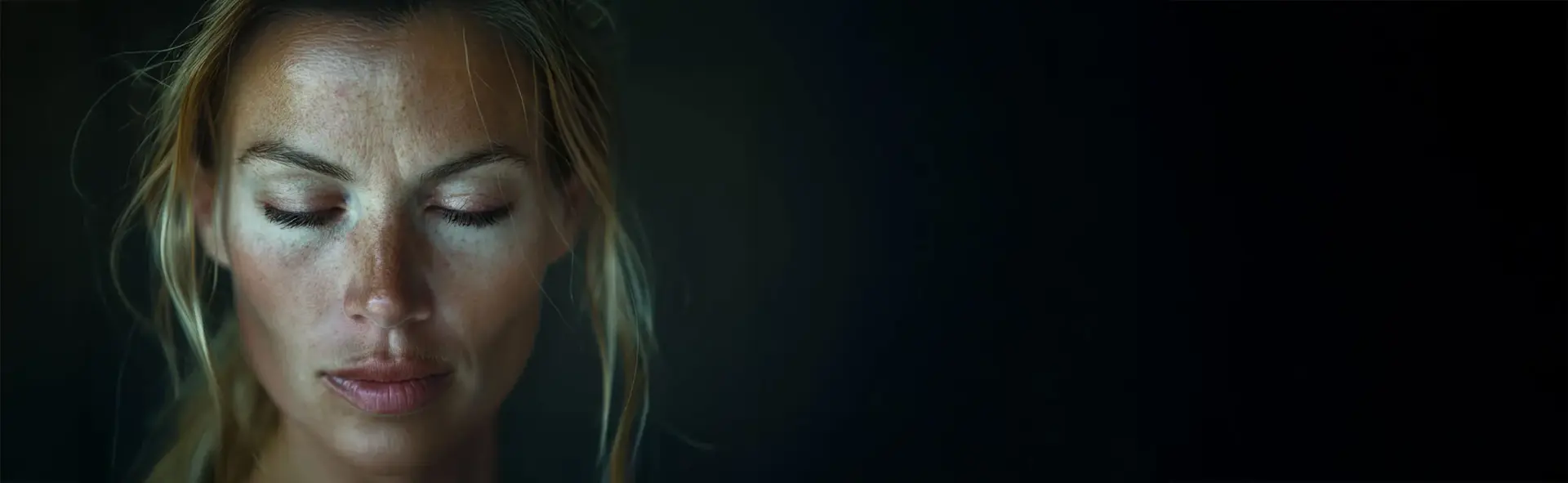 Nahaufnahme einer Frau mit geschlossenen Augen und natürlichem Make-up, die in einem dunklen Hintergrund meditative Ruhe ausstrahlt.