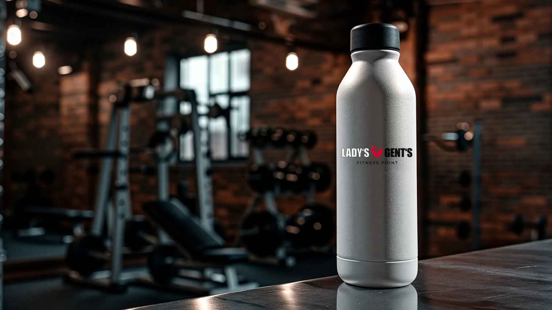 Silberne Trinkflasche mit Lady’s & Gents Fitness Logo auf einer Theke im Fitnessstudio mit Trainingsgeräten im Hintergrund.