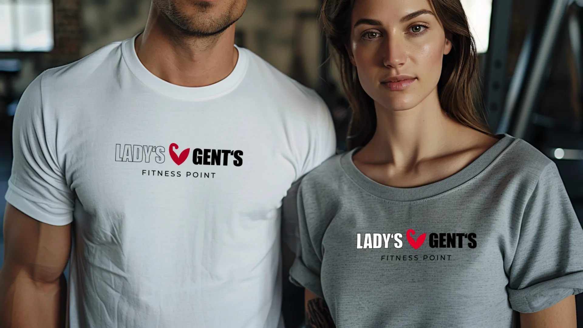 Zwei Personen im Fitnessstudio tragen T-Shirts mit Lady’s & Gents Fitness Point Logo als Beispiel für Corporate Fashion und Merchandising.
