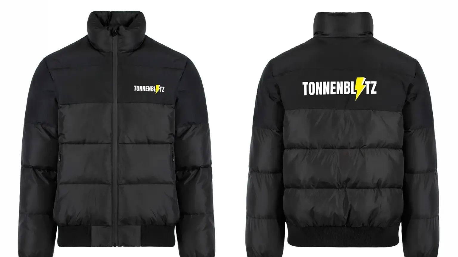 Schwarze Tonnenblitz Winterjacke als Arbeitskleidung mit Logo auf Vorder- und Rückseite.