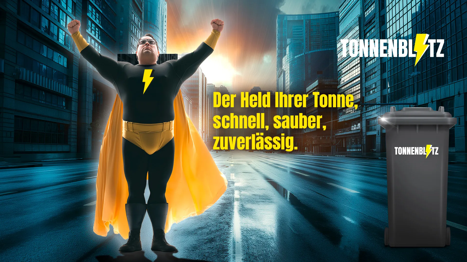 Der Tonnenblitz Superheld in schwarzem und gelbem Kostüm mit Blitzsymbol steht heroisch in einer leeren Stadtstraße, daneben eine Tonnenblitz-Mülltonne.