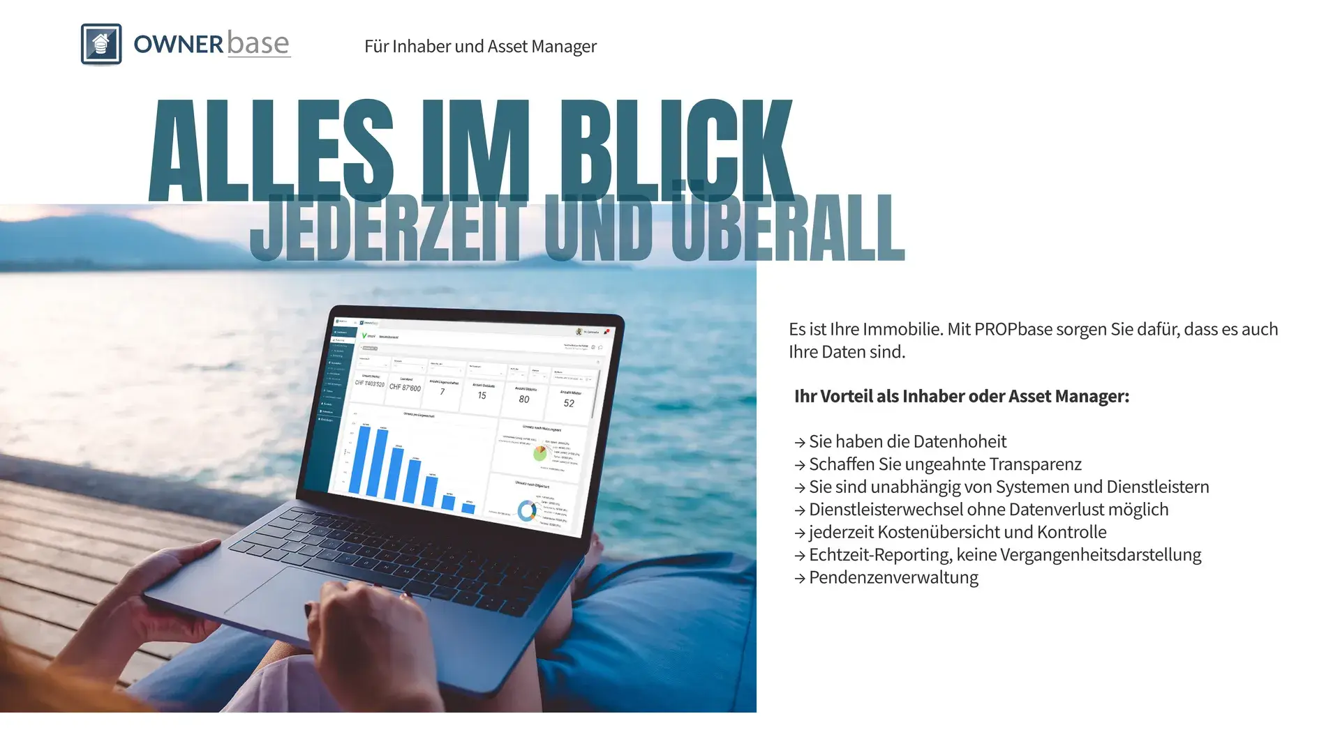 Person arbeitet mit Laptop am See und betrachtet Ownerbase-Dashboard mit Immobilienkennzahlen; PropBase Software für Eigentümer und Asset Manager.