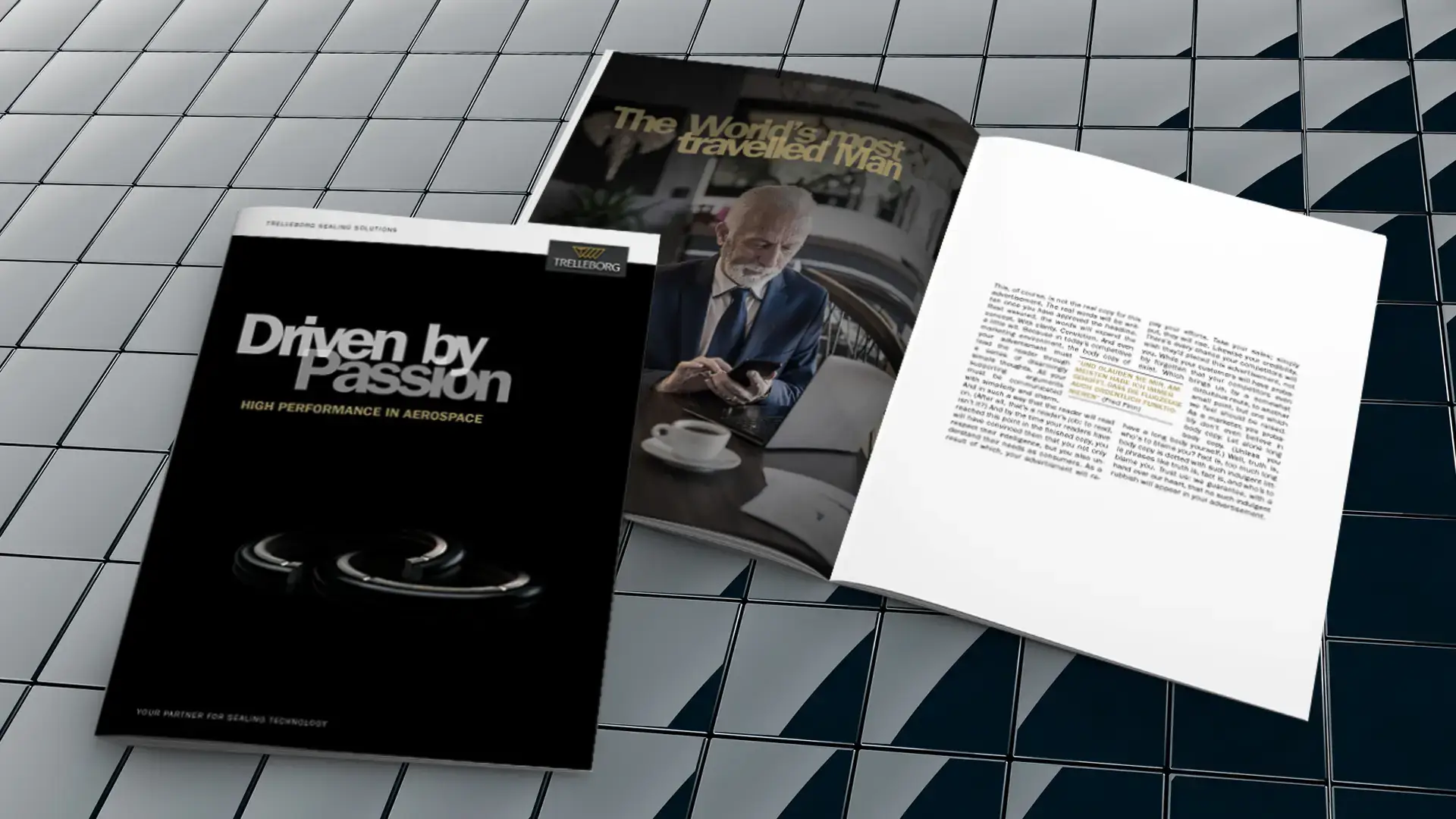 Magalog von Trelleborg Sealing Solutions mit Titel „Driven by Passion“ zur Darstellung von Technologie, Markenwerten und Unternehmenspersönlichkeit