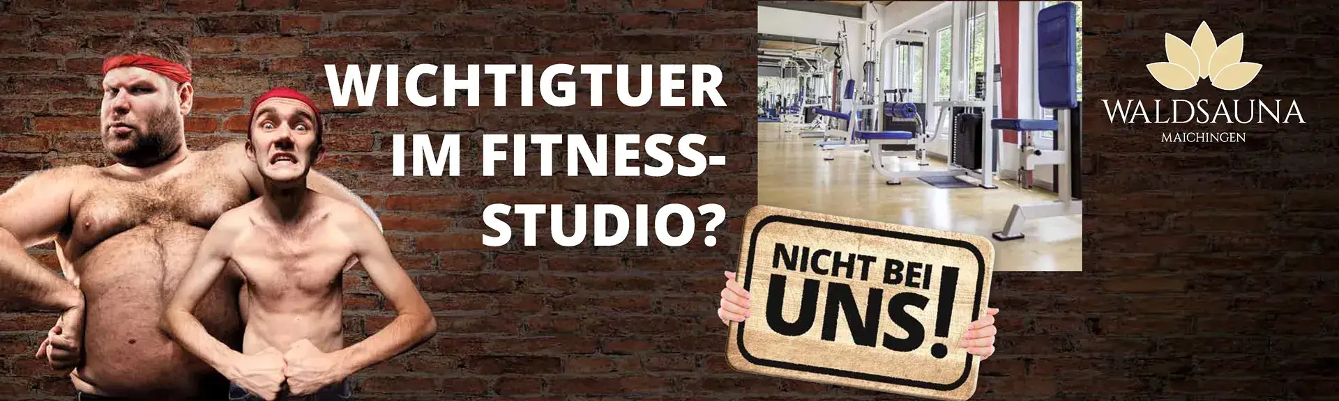 Webbanner mit zwei überzeichneten Trainierenden und Fitnessstudio-Motiv als Hinweis auf entspanntes Training in der Waldsauna Maichingen.