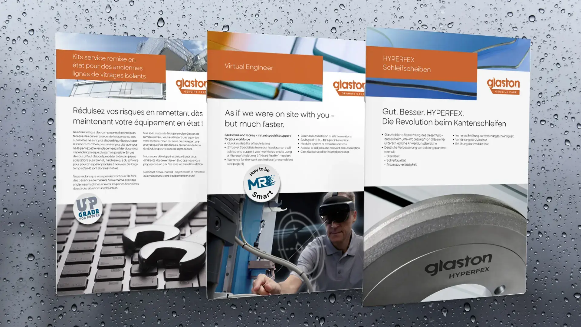Drei Informationsblätter von Glaston über Service-Kits für Isolierglas, virtuelle Ingenieurdienstleistungen und HYPERFEX Schleifscheiben, präsentiert auf einer regennassen Oberfläche. Die Blätter betonen die Vorteile der Wartung, Effizienzsteigerungen und innovative Schleiftechnologien.