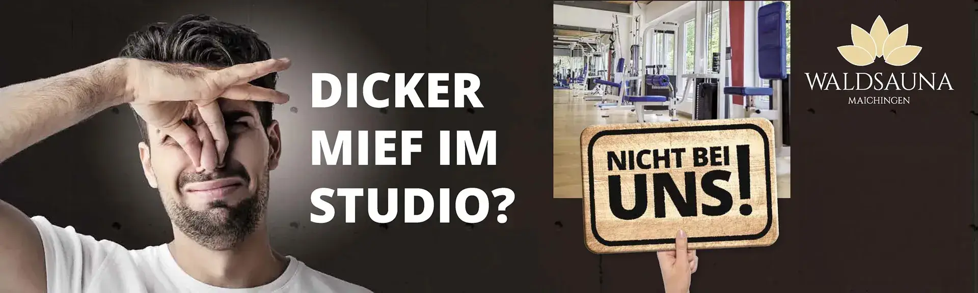 Webbanner mit Mann, der sich die Nase zuhält, als Hinweis auf frische und saubere Luft im Fitnessstudio der Waldsauna.