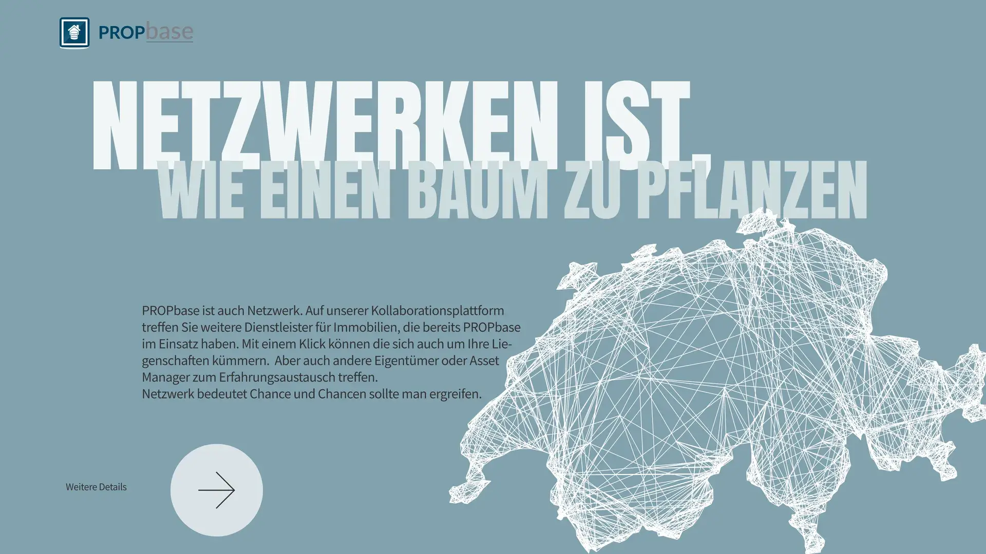Illustration einer vernetzten Schweiz mit weißem Liniennetzwerk auf blauem Hintergrund, dazu der Slogan „Netzwerken ist wie einen Baum zu pflanzen“ von PROPbase.