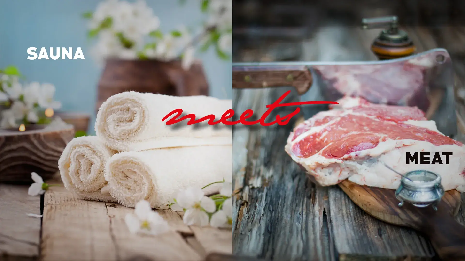 Webbanner mit Handtüchern und rohem Fleisch als Motiv für die zweite Veranstaltung „Sauna meets Meat“.