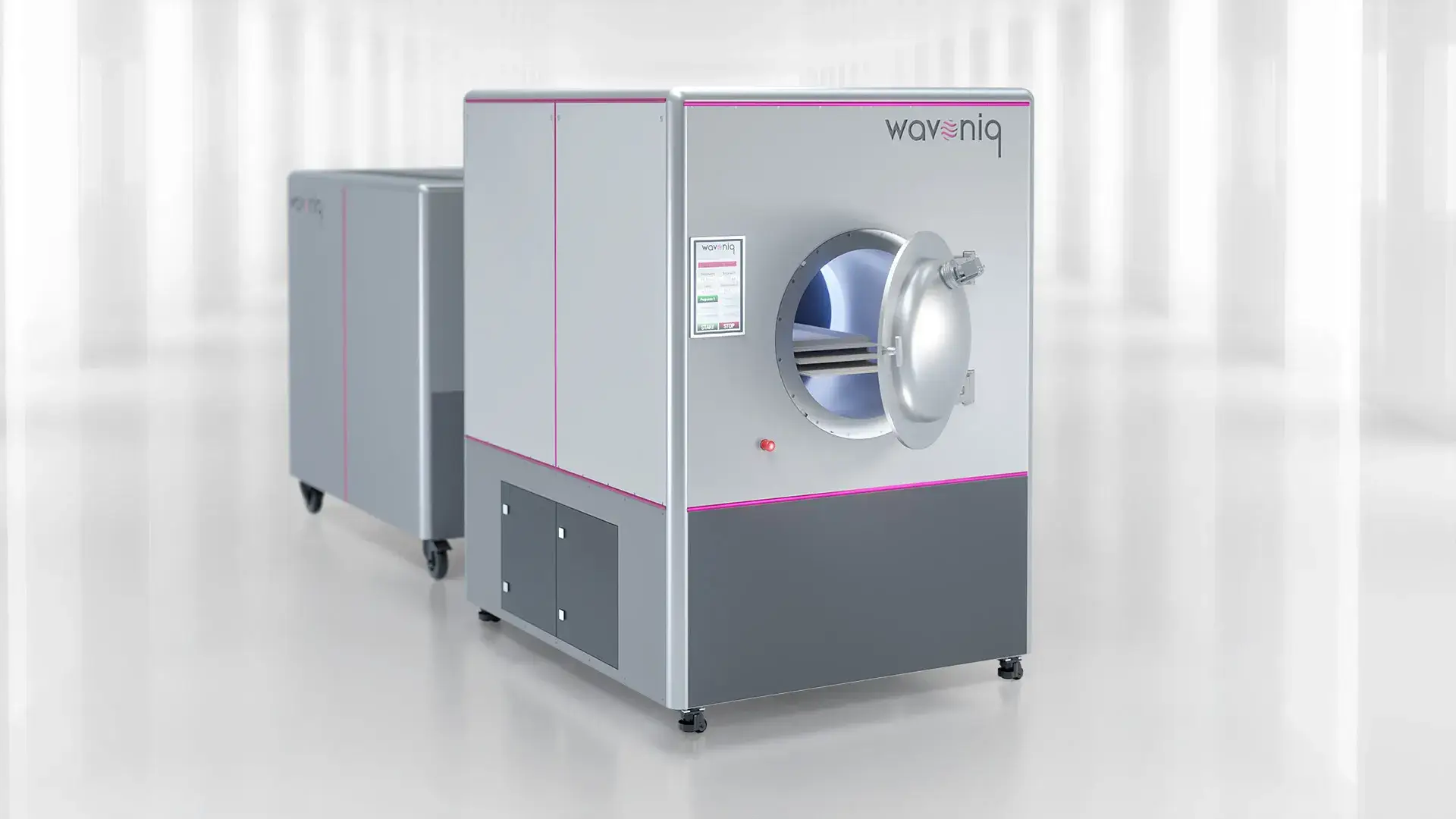 Industrielle Mikrowellen-Vakuumtrocknungsanlage von wavoniq mit klarem, funktionalem Produktdesign.