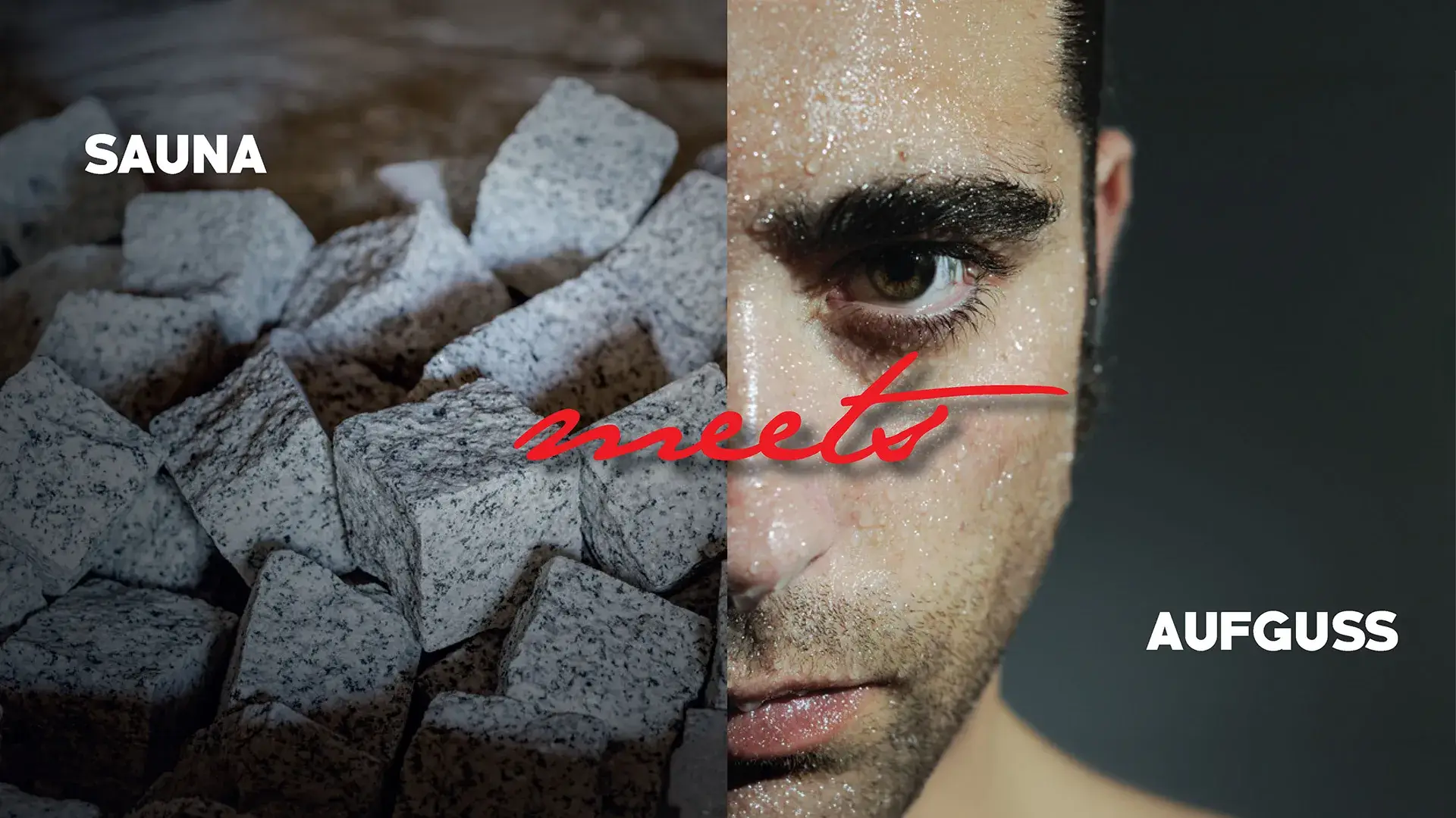 Webbanner mit Saunasteinen und verschwitztem Gesicht als Motiv für die Veranstaltung „Sauna meets Aufguss“.