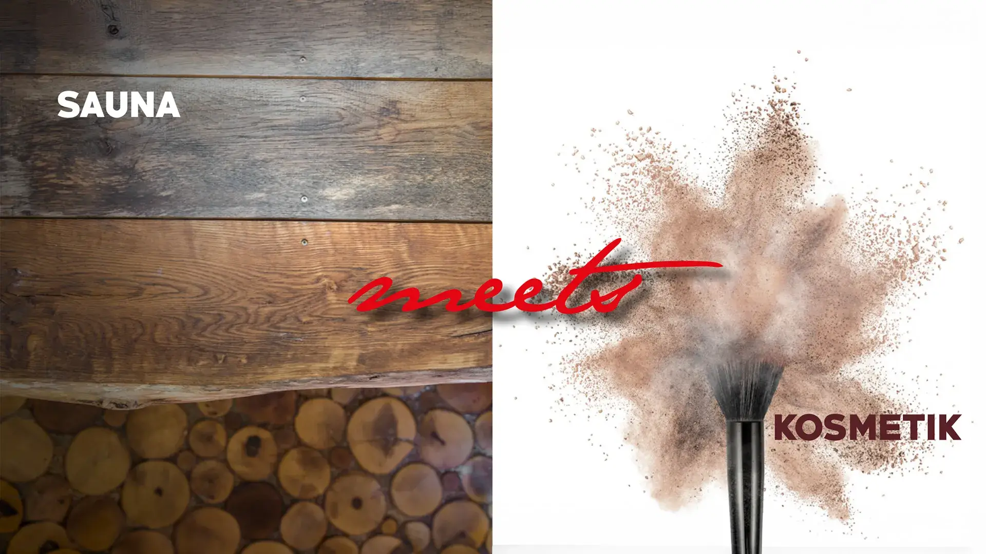 Webbanner mit Holzoberfläche und Make-up-Pinsel als Motiv für die Veranstaltung „Sauna meets Kosmetik“.