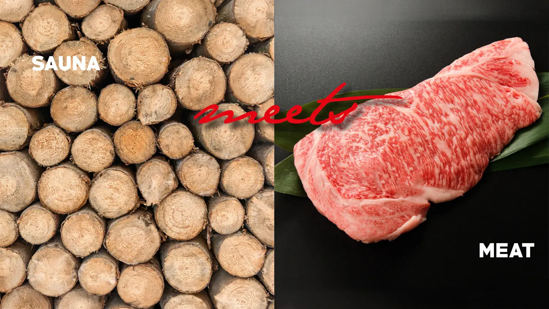 Webbanner mit Handtüchern und rohem Fleisch als Motiv für die Veranstaltung „Sauna meets Meat“.
