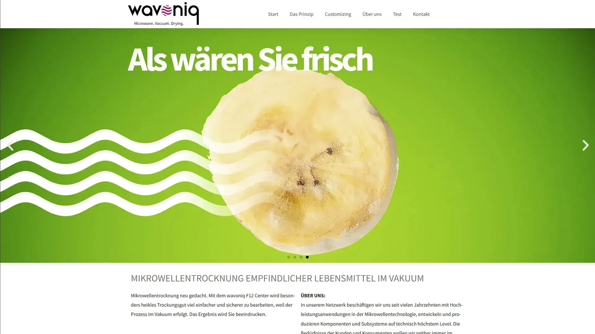 Startseitenmotiv von wavoniq mit Bananenscheibe und Wellenlinien als Symbol für die Kernkompetenz Mikrowellentrocknung im Vakuum.