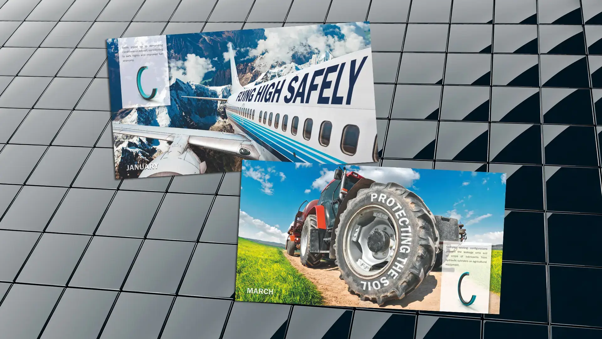 Kalenderdarstellung mit Flugzeug- und Landwirtschaftsmotiv für industrielle Anwendungen von Trelleborg