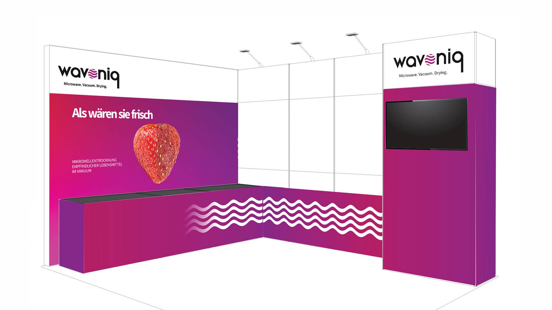 Messestand von wavoniq mit Erdbeer-Key-Visual und Markenfarben zur Präsentation der Technologie auf einer Messe.